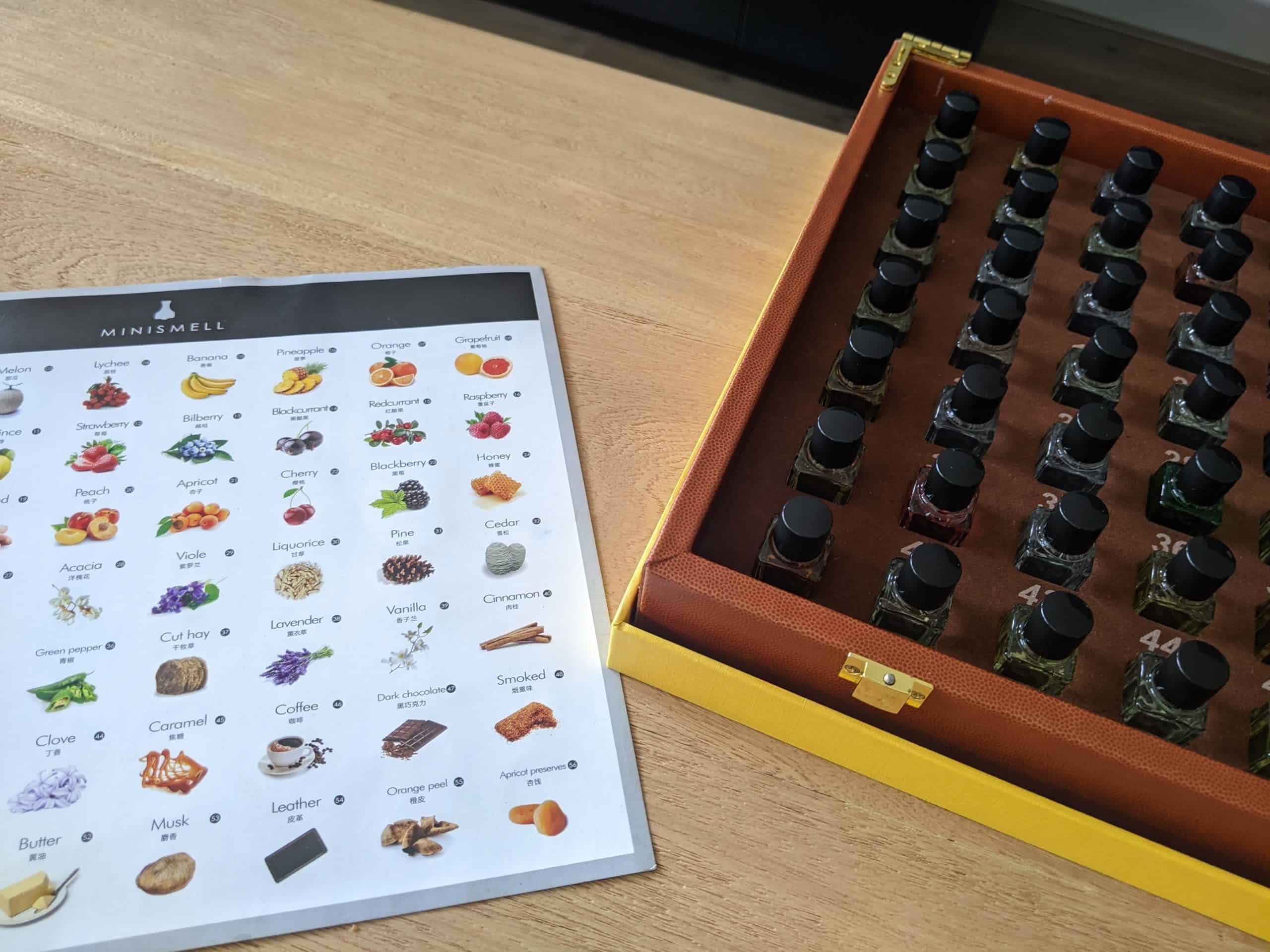 picture showing an olfactory kit for coffee sensory training being used by Hatillo Coffee during a specialty coffee cupping session